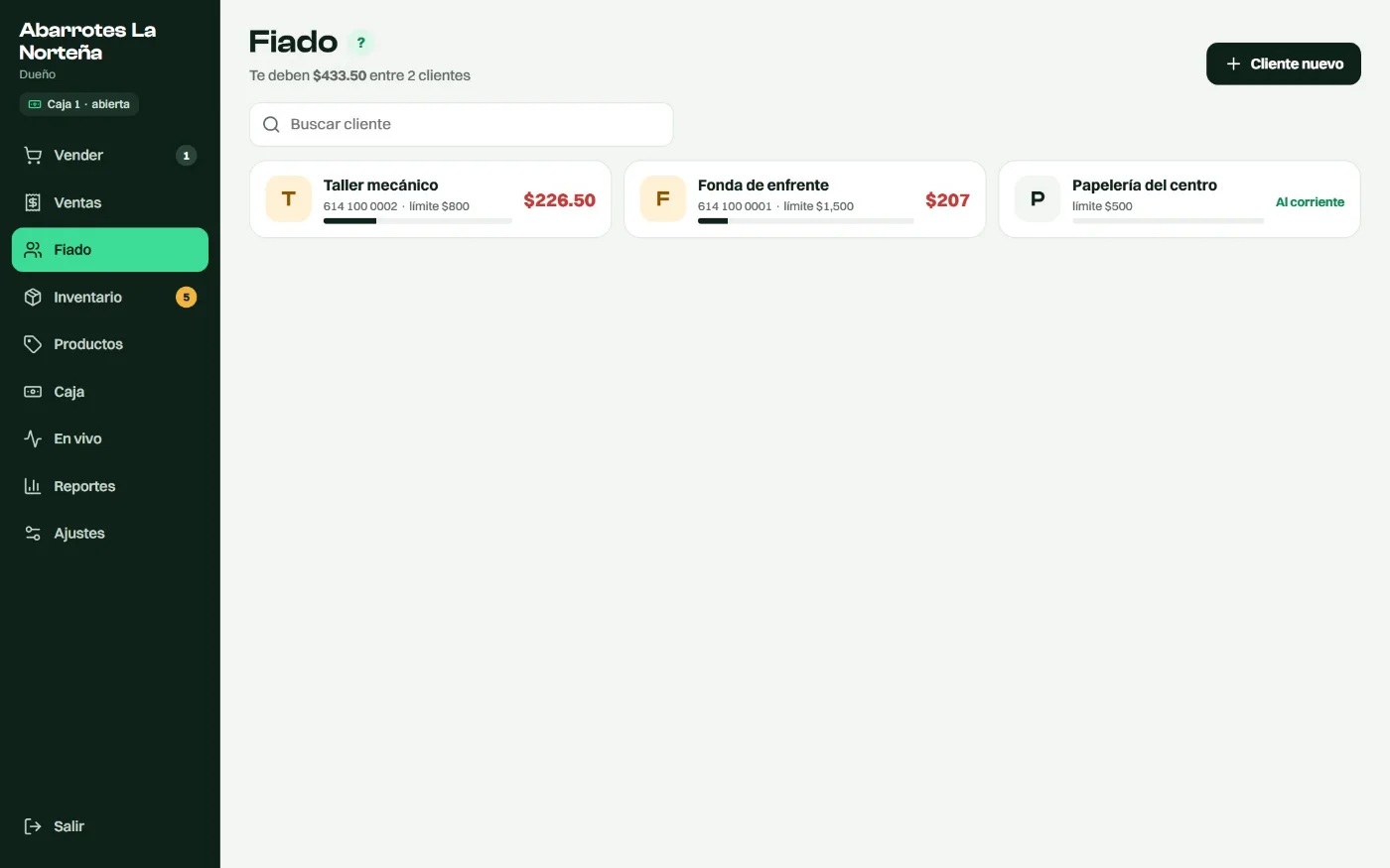 La pantalla de fiado con lo que debe cada cliente.