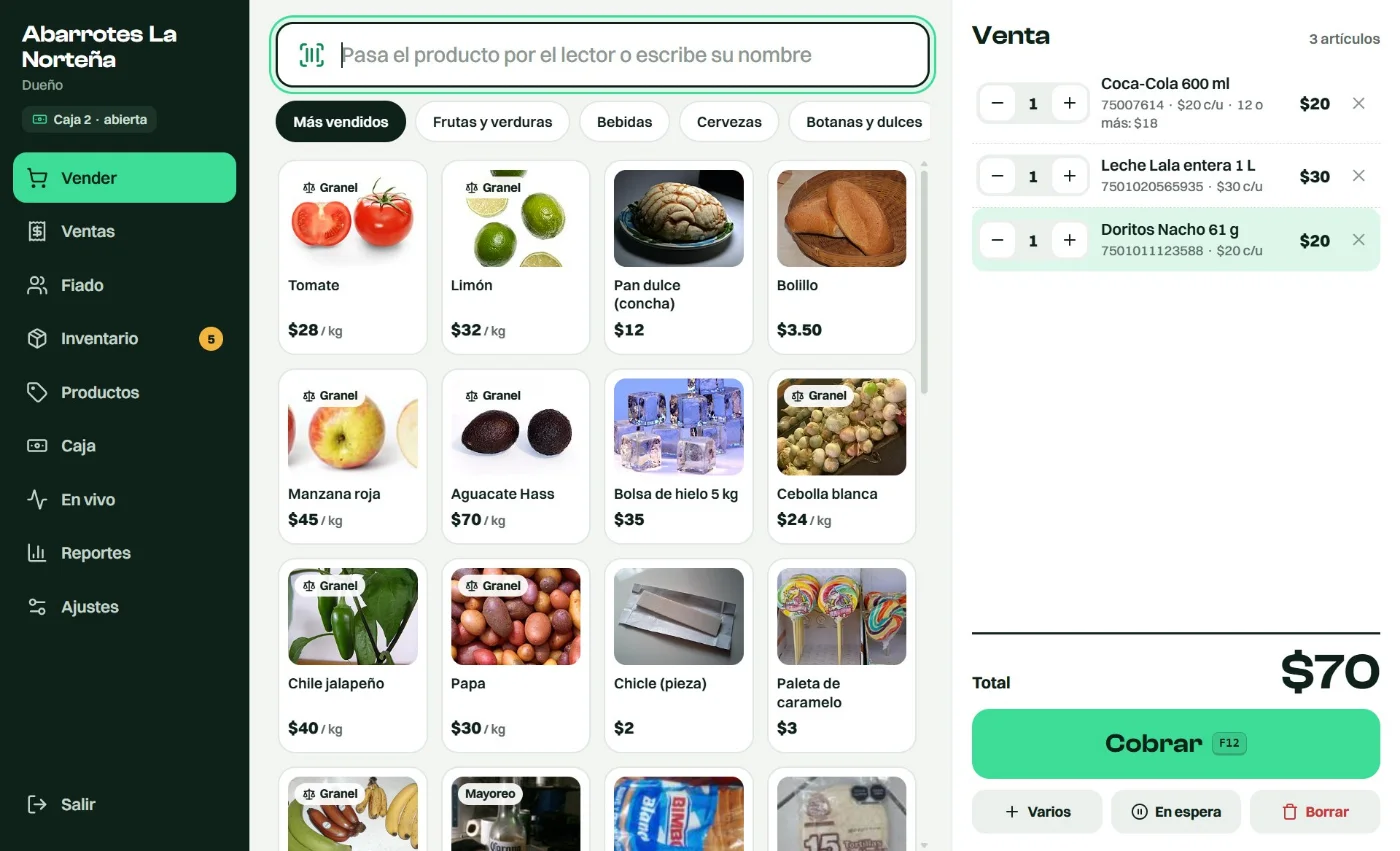 Una venta armada con el lector: tres productos con su cantidad y el total.