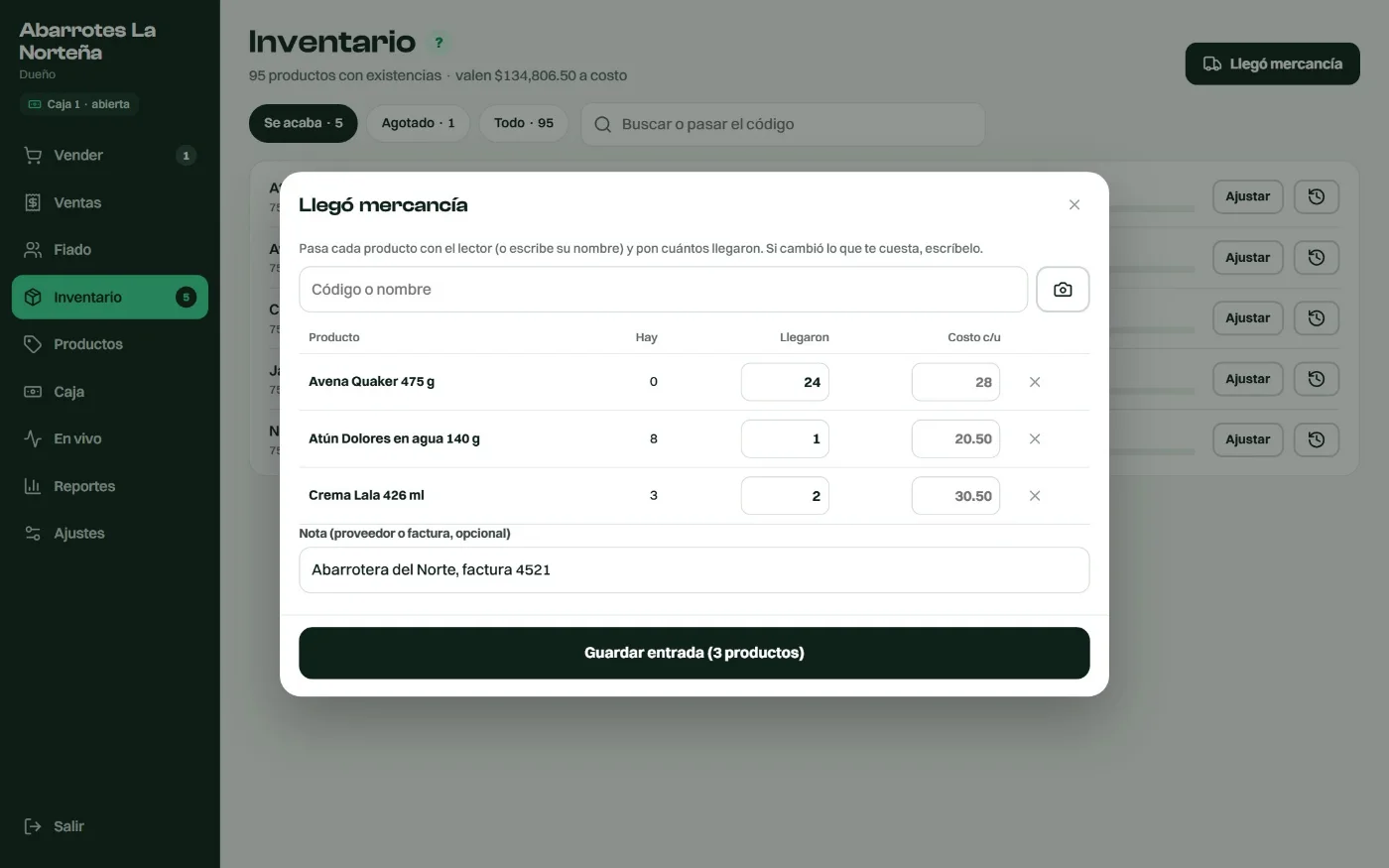La ventana de Llegó mercancía con los productos, cuántos llegaron y su costo.