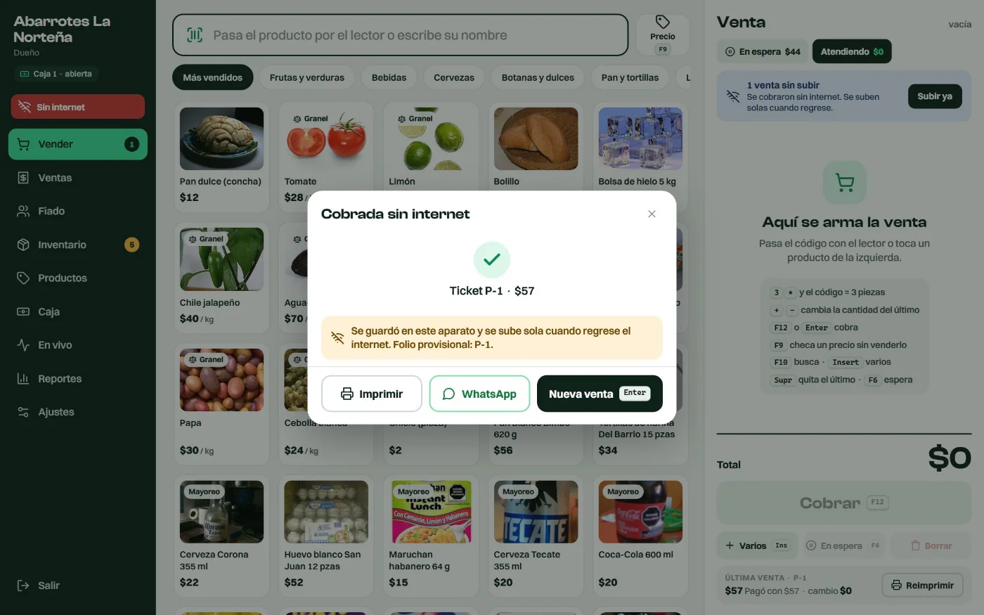 Una venta cobrada sin internet, con el aviso de que se sube sola cuando regrese.