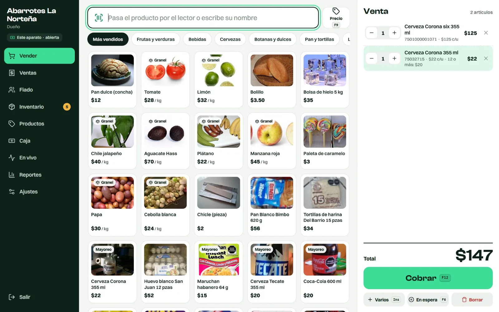 La pantalla de vender de Libo: los productos con su foto a la izquierda y la venta como un ticket a la derecha.